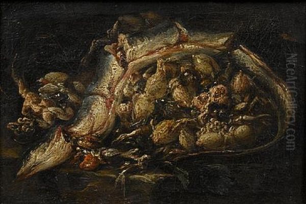 An Eel And Cuttlefish On A Stone Ledge Oil Painting by Giovanni Battista Recco