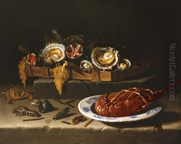 Shellfish In A Basket, A Lobster In A Bowl And Shells, A Crayfish And A Crab On A Stone Ledge Oil Painting by Giovanni Battista Recco