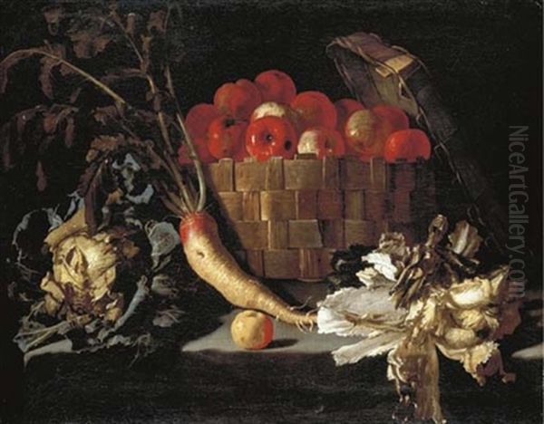 Apples In A Wicker Basket, With A Cabbage, Parsnip, Lettuce And An Apple On A Stone Ledge Oil Painting by Giovanni Battista Recco