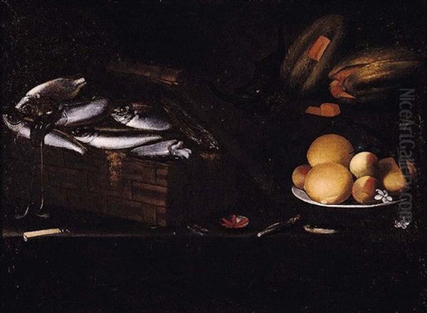 Still Life Of Fish And Squid In A Basket, Oranges And Peaches On A Plate, Together With Melons And A Knife, Arranged Upon A Table Top Oil Painting by Giovanni Battista Recco