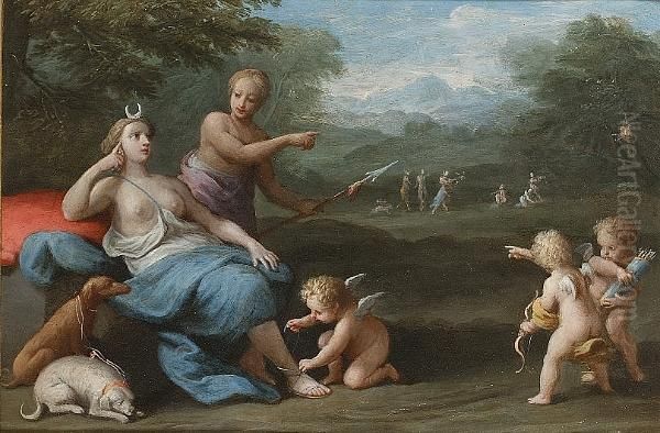 Diana With An Attendant And Putti In A Landscape With An Archery Match Beyond Oil Painting by Giacomo Antonio Boni