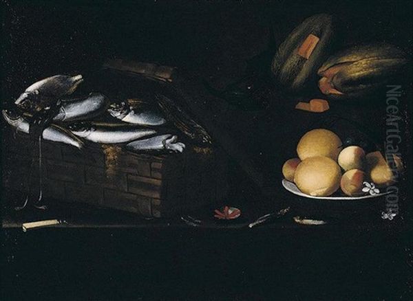 Still Life Of Fish And Squid In A Basket, Oranges And Peaches On A Plate, Together With Melons And A Knife, Arranged Upon A Table-top Oil Painting by Giovanni Battista Recco