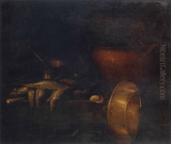 An Earthenware Jar Containing Artichokes, A Bottle, A Brass Pestle And Mortar, With Fish And Oysters On A Stone Ledge Oil Painting by Giovanni Battista Recco