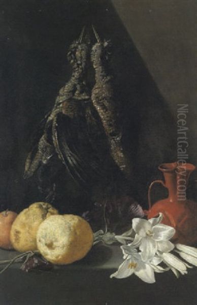 Natura Morta Con Uccelli Appesi, Cedri, Gigli E Una Brocca Su Un Ripiano Oil Painting by Giovanni Battista Recco