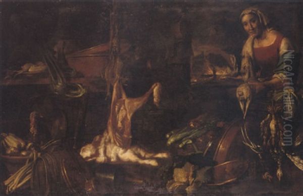 Interno Di Cucina Con Cacciagione, Ortaggi, Galli E Vivandiera Oil Painting by Giovanni Battista Recco