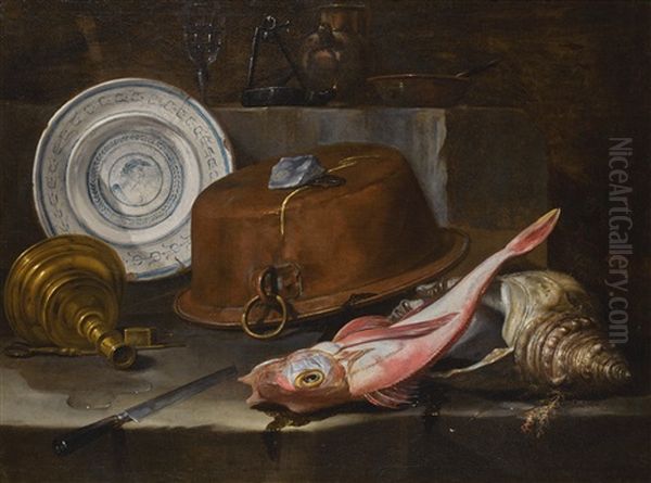 Still Life Of A Red Gurnard And Shell On A Stone Ledge, Before An Upturned Copper Pot And Platter Oil Painting by Giuseppe Recco