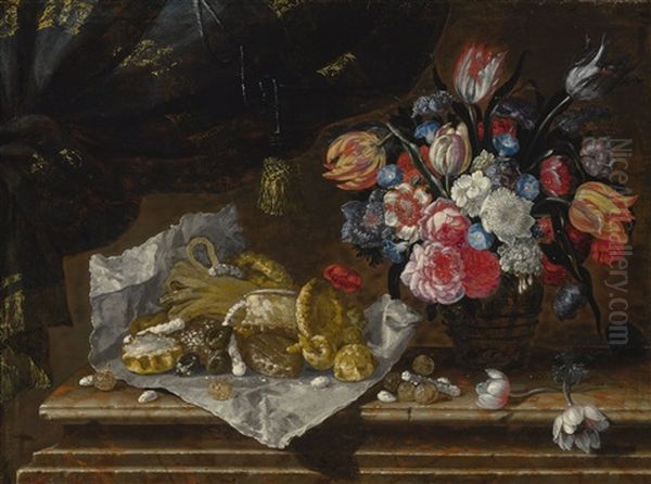 Still Life Of A Vase Of Flowers And Sweets Oil Painting by Giuseppe Recco