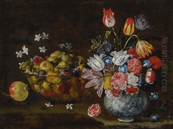 Still Life Of A Vase Of Flowers And Glass Bowl With Fruit Oil Painting by Giuseppe Recco