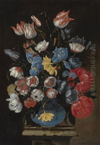 Still Life Of Anemones, Tulips, Dahlias And Other Flowers In A Glass Vase Oil Painting by Giuseppe Recco