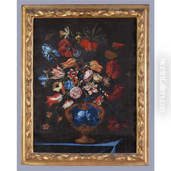 Still Life Of Flowers Including Poppies, Anenomes And Irises In A Blue Urn Oil Painting by Giuseppe Recco