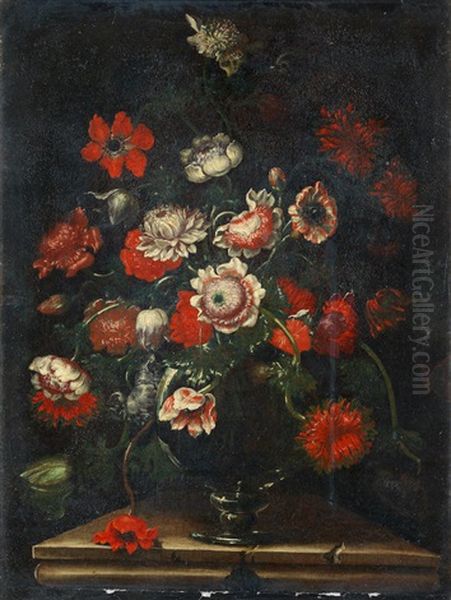 Poppies, Carnations And Other Flowers In A Glass Vase On A Stone Ledge Oil Painting by Giuseppe Recco