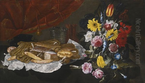 Still Life With Roses, Carnations, Tulips And Other Flowers In A Glass Vase, With Pastries And Sweetmeats On A Pewter Platter, On A Stone Ledge In Front Of A Red Curtain Oil Painting by Giuseppe Recco