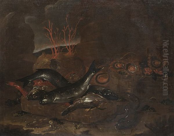 Cesto Di Pesce, Anguilla, Crostacei E Coralli In Una Grotta Oil Painting by Giuseppe Recco