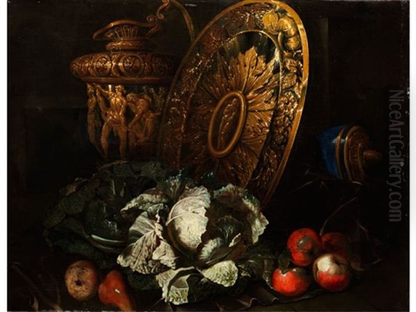 Grosses Stilleben Mit Prunkgeschirr, Kohlkopf Und Fruchten by Giuseppe Recco