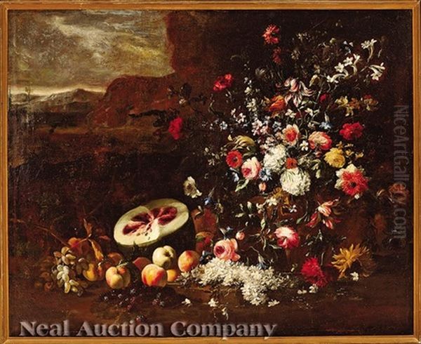 Still Life Of Flowers And Fruits In A Landscape Oil Painting by Giuseppe Recco