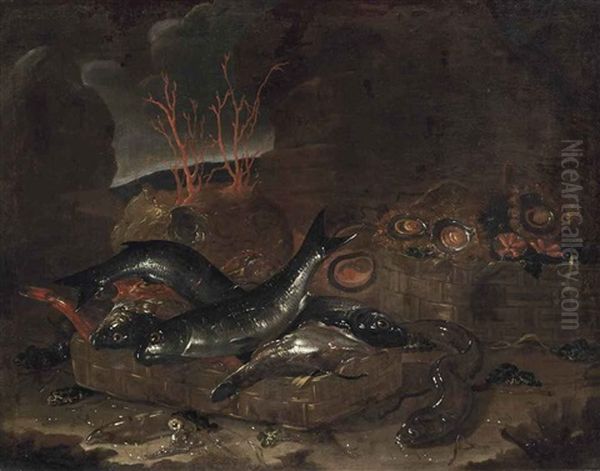 A Basket Of Fish, An Eel, Shellfish And Coral In A Cave Oil Painting by Giuseppe Recco