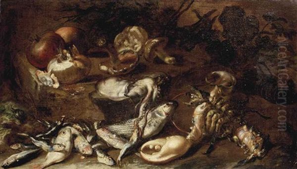 Fish, Lobsters, Squid, A Snail, Onion, Pomegranates And Mushrooms On A Rocky Shore Oil Painting by Giuseppe Recco