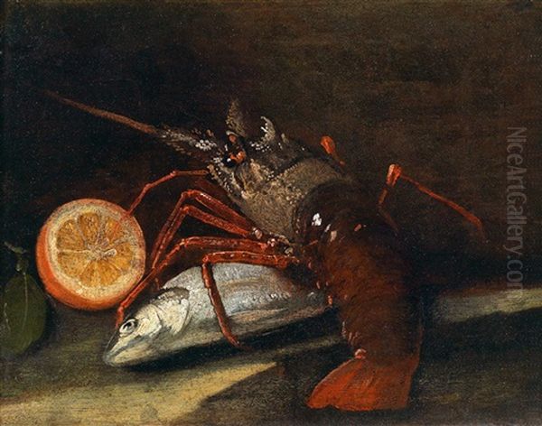 Fisch, Hummer Und Eine Halbe Zitrone Auf Einer Steinplatte Oil Painting by Giuseppe Recco