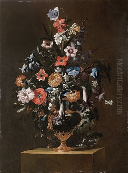 Rosen, Anemonen, Jasmin, Tagetes Und Andere Blumen In Einer Metallverzierten, Teilweise Vergoldeten Vase; Und Mohnbluten, Tagetes, Tulpen, Rittersporn Und Nelken In Einer Vase (pair) Oil Painting by Giuseppe Recco