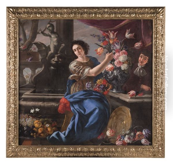 Natura Morta Di Fiori Con Figura Femminile E Paggio Oil Painting by Giuseppe Recco