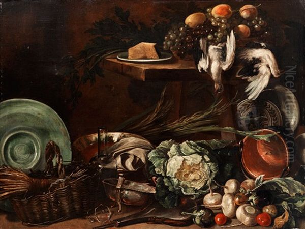 Grosses Kuchenstilleben Mit Gemuse, Geschirr, Korb, Totem Geflugel Und Trauben Oil Painting by Giuseppe Recco