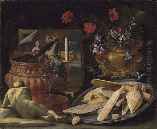 An Allegory Of The Five Senses: Roses, Carnations, Orange Blossoms And Morning Glory In A Sculpted Vase, With Pastries - Panetti, Pane Cafone... Oil Painting by Giuseppe Recco