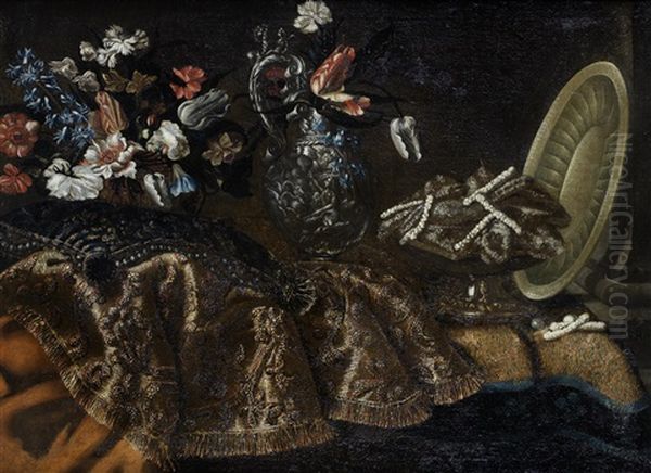 Tulips, Convolvulus, Carnations And Other Flowers In A Basket With A Silver-gilt Ewer And A Dish Of Sweetmeats On A Table-top Draped With Rugs Oil Painting by Giuseppe Recco