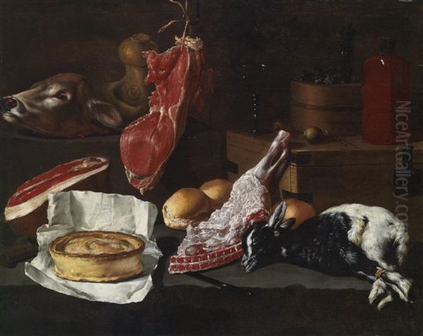 Kuchenstillleben Mit Fleisch, Einem Kalbskopf, Einer Ziege, Einer Pastete Und Brot Oil Painting by Giuseppe Recco