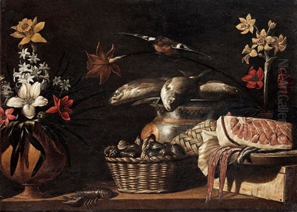 Stilleben Med Fiskar, Musslor, Krafta Och Blommor Oil Painting by Giuseppe Recco