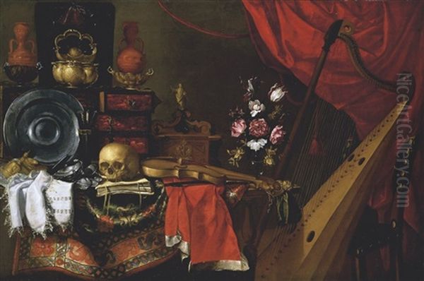 A Vanitas Still Life With A Skull Resting On A Book With Other Pewter Objects On A Carpet-draped Table Oil Painting by Giuseppe Recco