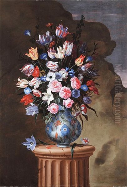 Tulpen, Rosen, Pfingstrosen, Anemonen Und Andere Blumen In Einer Polichromen Majolikavase Auf Einer Saule Oil Painting by Giuseppe Recco