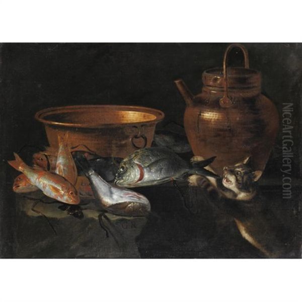 Natura Morta Di Pesci Con Pentole Di Rame E Un Gatto Oil Painting by Giuseppe Recco