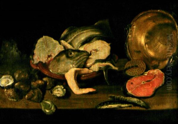 Nature Morte Aux Huitres, Saumon Et Bassine De Cuivre Oil Painting by Giuseppe Recco