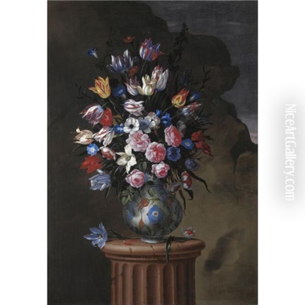 Natura Morta Con Tulipani, Rose, Anemoni, Campanule E Altri Fiori In Un Vaso Di Maiolica, Su Una Colonna Oil Painting by Giuseppe Recco