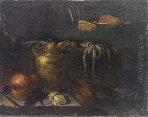 Pesci E Vasi Di Rame, Bacile Di Ottone E Altra Suppellettile Con Pesce, Un Polipo E Cipolle Oil Painting by Giuseppe Recco