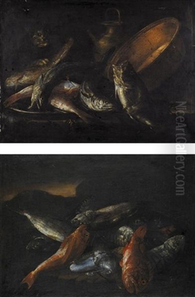 Still Life Of Salt Water Fish With Kitchen Vessels, Guarded By A Cat (+ Still Life Of Salt Water Fish And Squid In A Landscape; Pair) Oil Painting by Giuseppe Recco