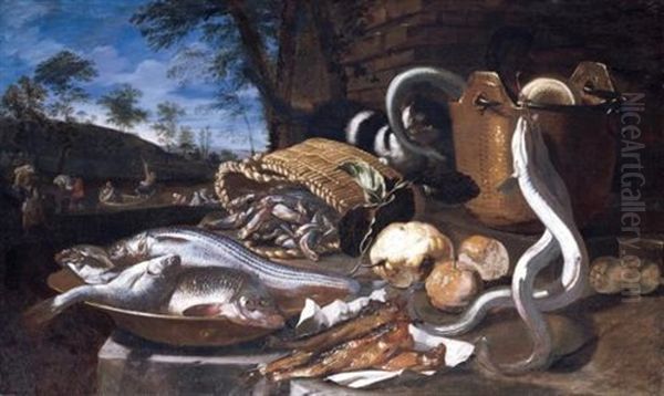 A Still Life With Various Fish In A Basket And Bowls, Eels And Fruit, All Arranged Upon A Stone Platform, A Landscape With Fishermen Beyond by Giuseppe Recco