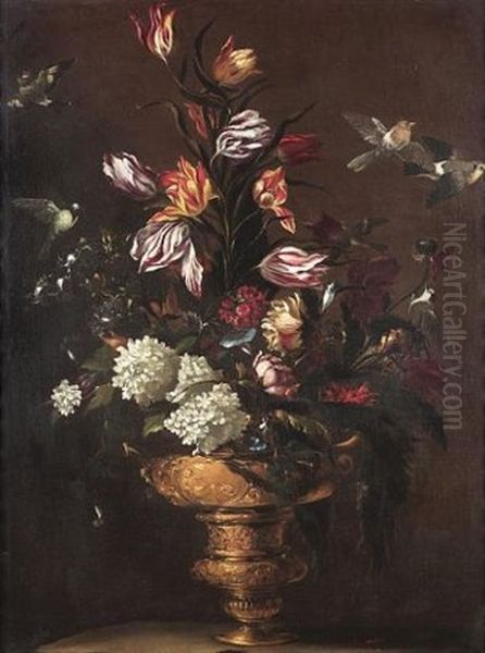 Tulips, Hydrangeas, A Peony, A Poppy And Other Flowers In A Moulded Bronze Urn On A Stone Ledge With A Blue Tit, A Chaffinch And A Robin Oil Painting by Giuseppe Recco