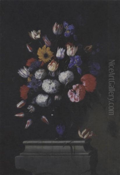 Tulipani, Boules De Neige, Rose Centifolie, Girasole, Peonie Ed Altri Fiori In Un Vaso Di Vetro, Su Una Base Modanata Di Pietra Oil Painting by Giuseppe Recco