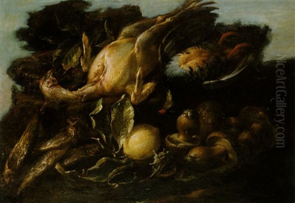 Natura Morta Con Tacchino Strappato, Pesci E Funghi Oil Painting by Giuseppe Recco