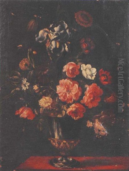 A Still Life Of Iris, Roses, Tulips, And Other Flowers In A Gilt-mounted Vase On A Table Oil Painting by Giuseppe Recco