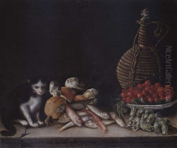 Stilleben Mit Fischen, Fruchten Und Einer Katze Oil Painting by Giuseppe Recco