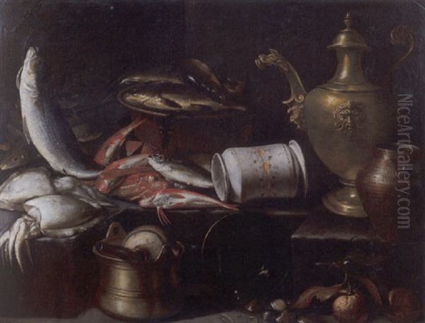 Spigola, Seppie, Triglie, Gallinella E Altri Pesci Su Un Vassoio Di Peltro, Un Albarello E Altri Suppellettili Di Rame E Ottone Oil Painting by Giuseppe Recco