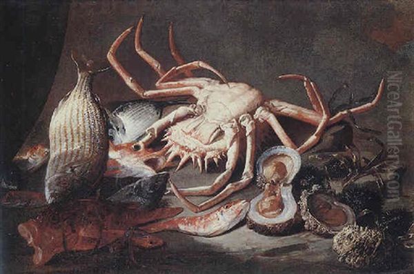 Still Life Of Salt-water Fish Together With A Spider-crab, Oysters And Urchins On A Sea Shore Oil Painting by Giuseppe Recco