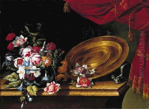 Carnations, Roses, Tulips And Other Flowers In A Glass Bowl, With Glass Bottles And A Bronze Plate And Silver Cup On A Marble Ledge Oil Painting by Giuseppe Recco