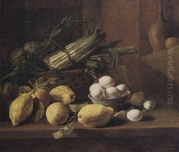 Still Life Of A Basket Of Artichokes And Asparagi, With Lemons, A Bowl Of Eggs, A Wine-casket And A Loaf Of Bread Upon A Stone Ledge Oil Painting by Giuseppe Recco