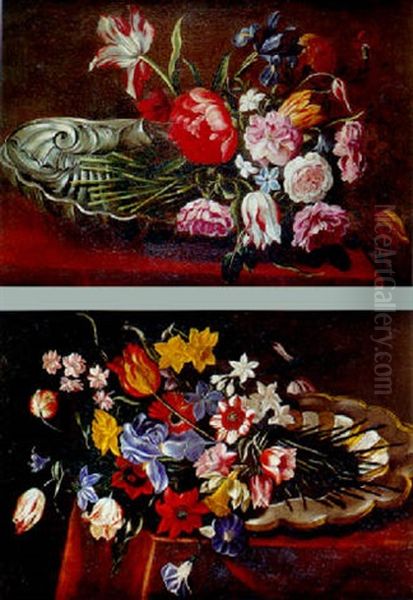 Florero Con Bandeja De Plata Sobre Una Mesa Cubierta Por Mantel Rojo Oil Painting by Giuseppe Recco