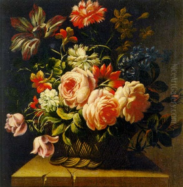 Rose E Altri Fiori In Un Cesto Di Vimini, Su Un Piano Di Pietra Oil Painting by Giuseppe Recco