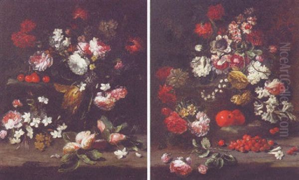 Flowers And Fruit On A Bank Oil Painting by Giuseppe Recco