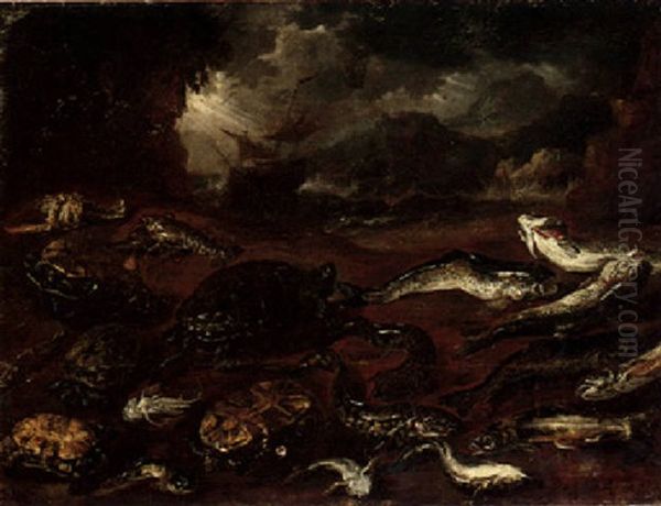 A Still Life Of Fish, Lobster And Turtle Washed Up On The Sea Shore, A Ship In A Storm Beyond Oil Painting by Giuseppe Recco